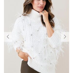 Karen Millen Feather Embellished Chunky Cable Knit Feathered Sweater Large